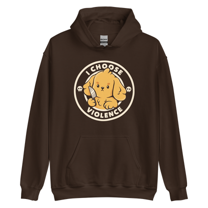 A cute yellow cartoon dog holds a small knife, surrounded by a circular logo that reads 'I Choose Violence'. The dog's expression is serious, yet the overall style is playful and cute. Two small skull icons are on either side, adding an ironic tone to the cheerful design.