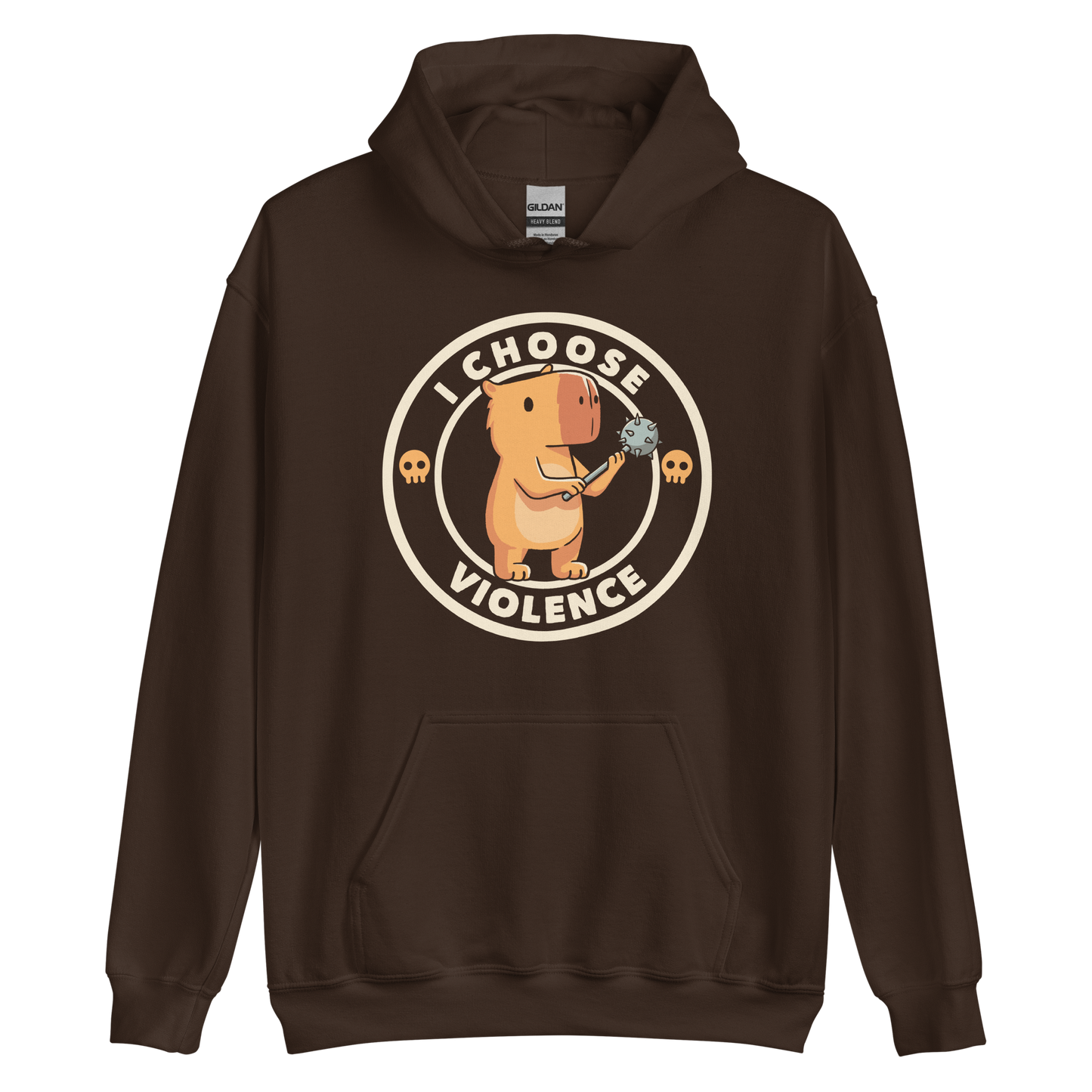A cute, cartoonish burnt yellow capybara stands holding a spiked mace with a determined expression. Surrounding it is a circular design with the text 'I CHOOSE VIOLENCE' and two small skulls on either side, giving it a humorous yet ironic tone.