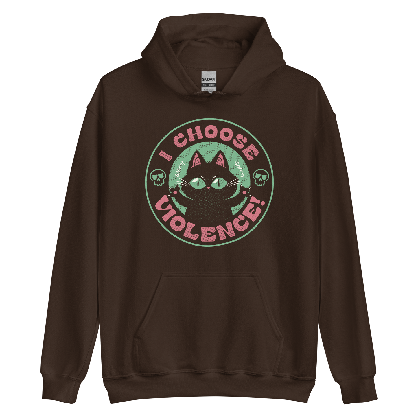 The image features a black cartoon-like cat with large, bright eyes and pointed ears, with a defiant look on its face. The cat is centered within a circular border. Surrounding the cat, the text reads 'I CHOOSE VIOLENCE!' in bold, playful font. There are also small skull illustrations flanking the cat on either side, adding a dark yet humorous tone to the design.