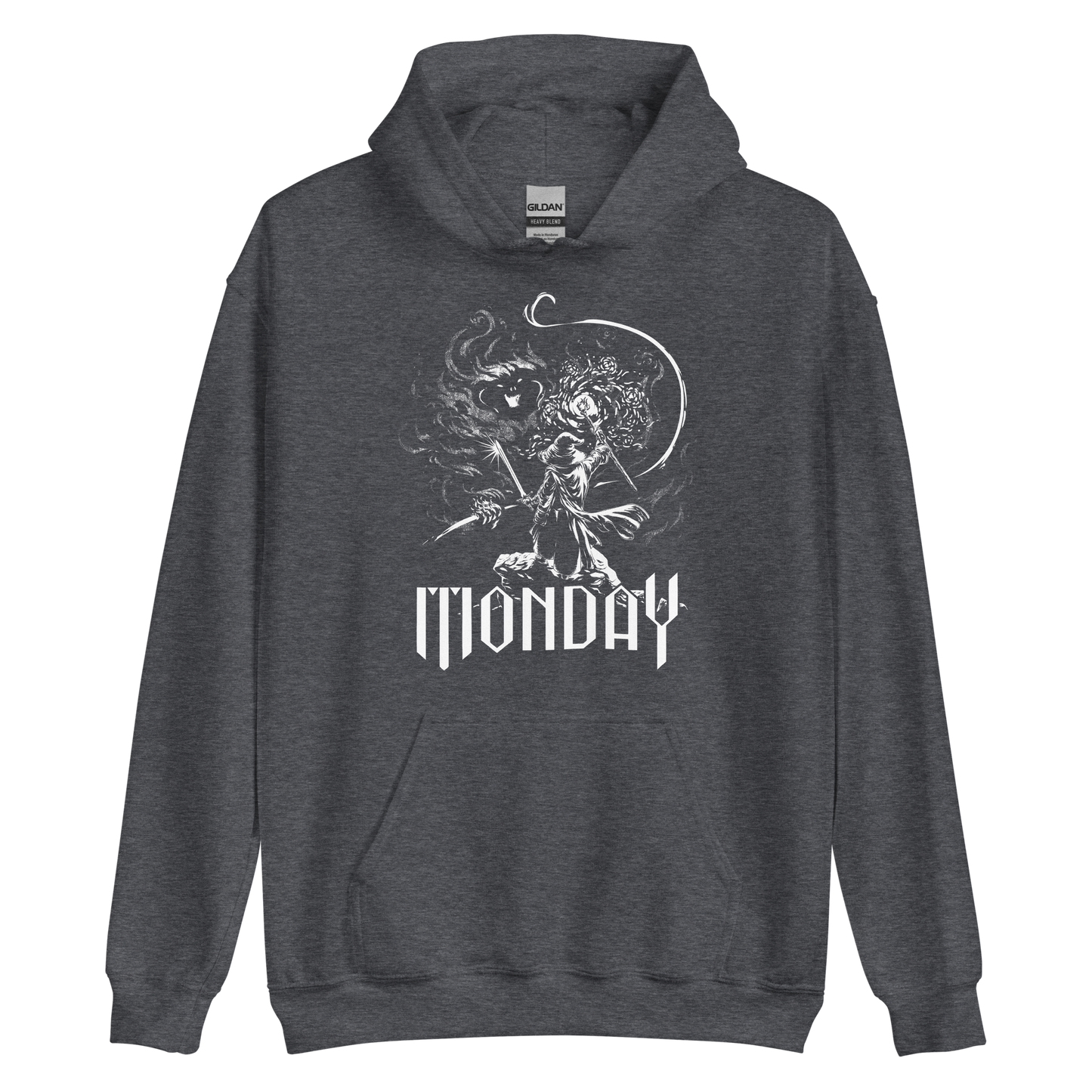A white fantasy-style illustration showing a wizard standing on a rock, wielding a staff and sword, casting a spell toward a swirling dark, smoky monster with glowing eyes and mouth. The word “MONDAY” appears in large, bold, gothic letters at the bottom, symbolizing the wizard battling the chaos of Monday.