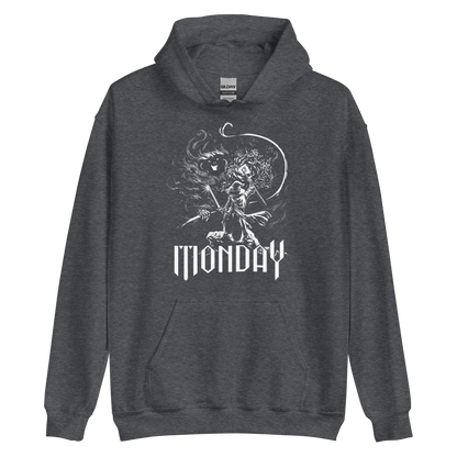 A white fantasy-style illustration showing a wizard standing on a rock, wielding a staff and sword, casting a spell toward a swirling dark, smoky monster with glowing eyes and mouth. The word “MONDAY” appears in large, bold, gothic letters at the bottom, symbolizing the wizard battling the chaos of Monday.