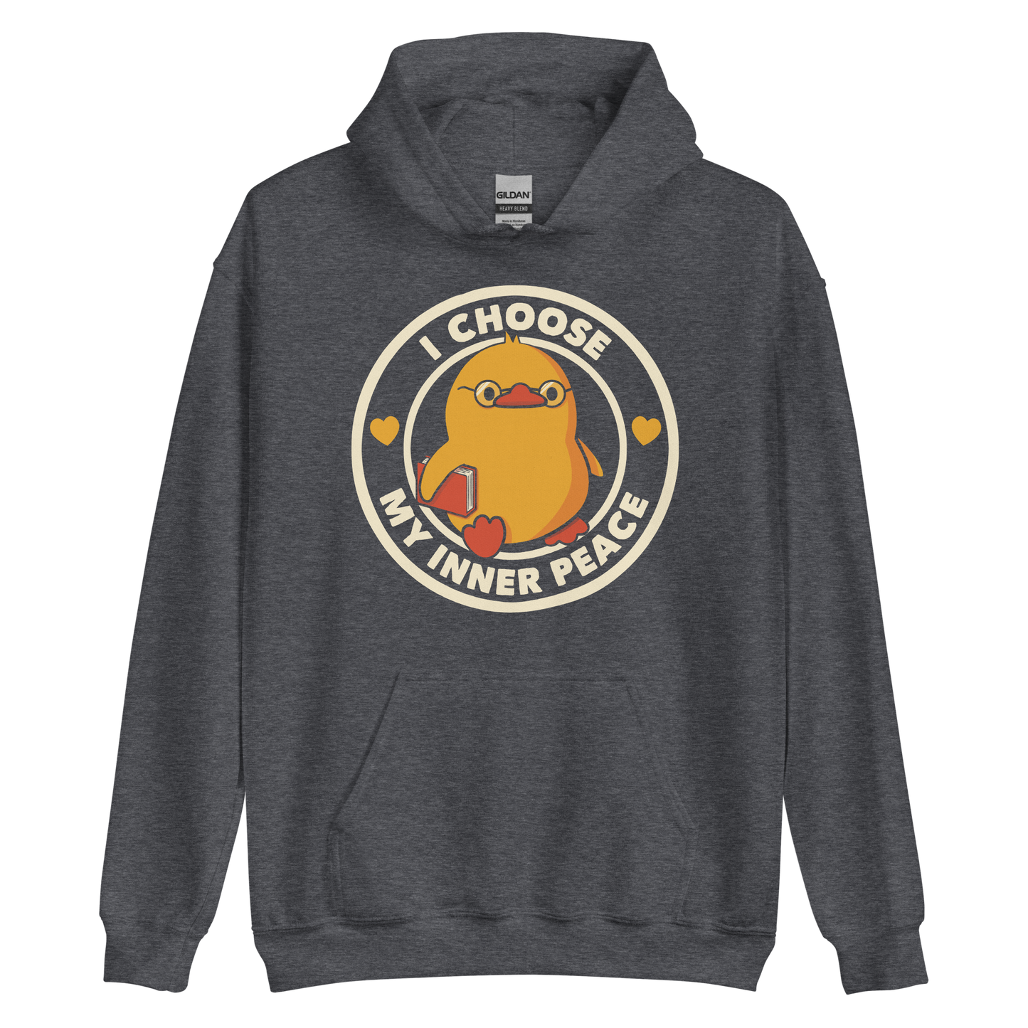 A cute yellow bird with a small tuft of feathers on its head is wearing round glasses and holding a red book. The bird has a determined expression. The image is encircled by the phrase 'I CHOOSE MY INNER PEACE' with two small hearts on each side.