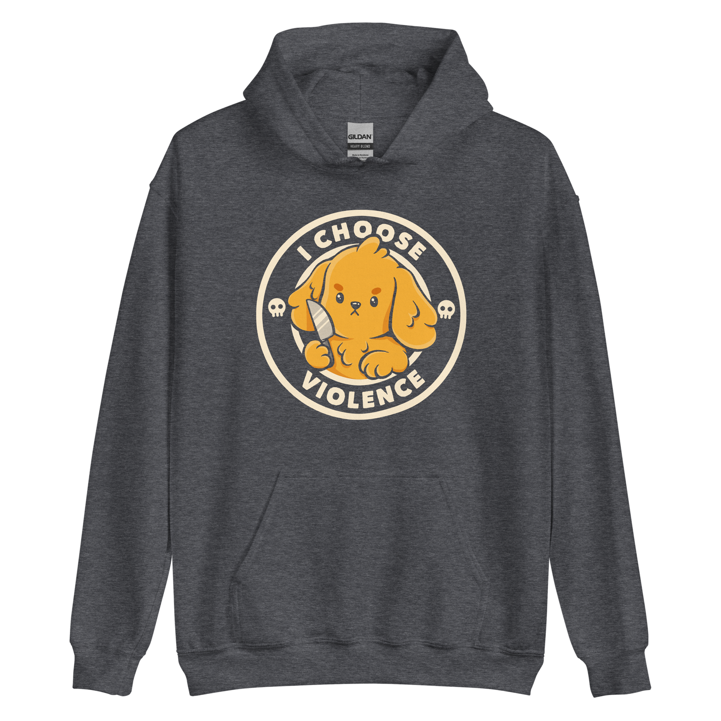 A cute yellow cartoon dog holds a small knife, surrounded by a circular logo that reads 'I Choose Violence'. The dog's expression is serious, yet the overall style is playful and cute. Two small skull icons are on either side, adding an ironic tone to the cheerful design.