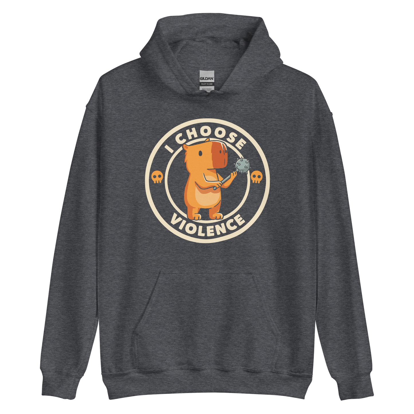 A cute, cartoonish burnt yellow capybara stands holding a spiked mace with a determined expression. Surrounding it is a circular design with the text 'I CHOOSE VIOLENCE' and two small skulls on either side, giving it a humorous yet ironic tone.