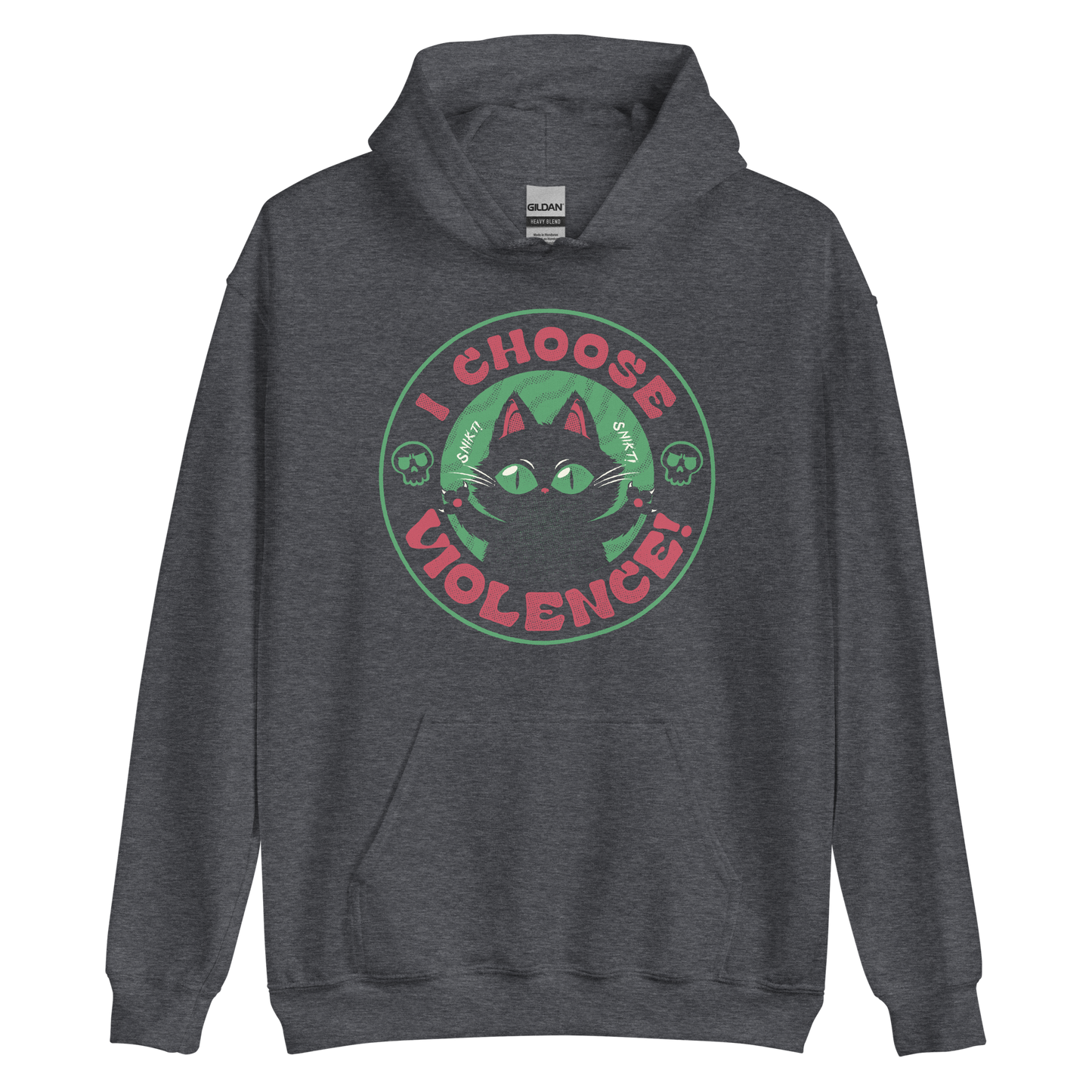 The image features a black cartoon-like cat with large, bright eyes and pointed ears, with a defiant look on its face. The cat is centered within a circular border. Surrounding the cat, the text reads 'I CHOOSE VIOLENCE!' in bold, playful font. There are also small skull illustrations flanking the cat on either side, adding a dark yet humorous tone to the design.