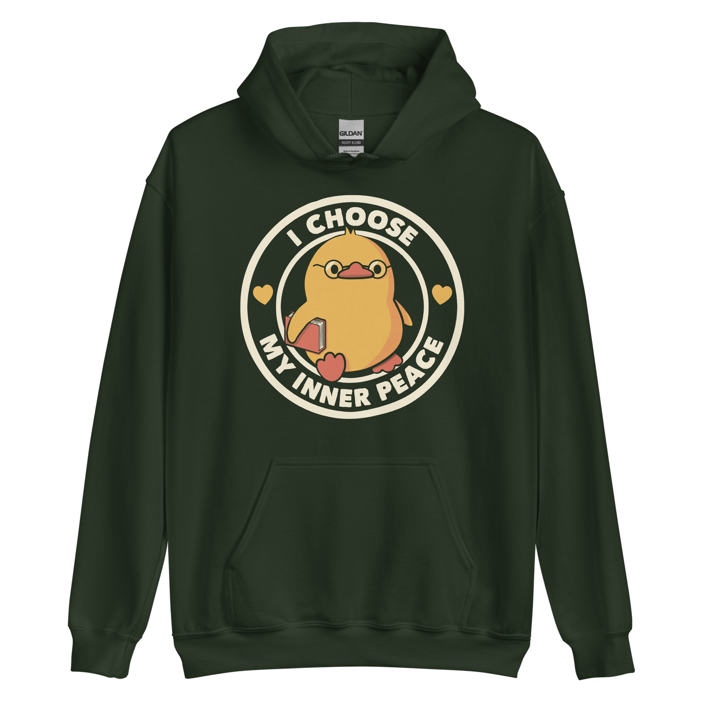 A cute yellow bird with a small tuft of feathers on its head is wearing round glasses and holding a red book. The bird has a determined expression. The image is encircled by the phrase 'I CHOOSE MY INNER PEACE' with two small hearts on each side.