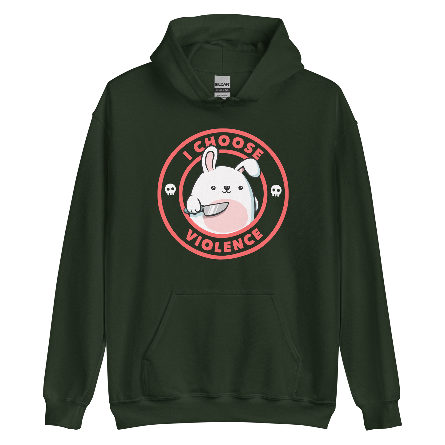 A cute white cartoon bunny with a pink belly stands holding a large kitchen knife in one paw. Surrounding the bunny is a red circular border with the words 'I CHOOSE VIOLENCE'. Small skull icons are on either side of the circle. The overall tone is a mix of adorable and ironic humor.