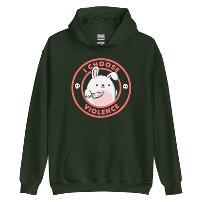 A cute white cartoon bunny with a pink belly stands holding a large kitchen knife in one paw. Surrounding the bunny is a red circular border with the words 'I CHOOSE VIOLENCE'. Small skull icons are on either side of the circle. The overall tone is a mix of adorable and ironic humor.