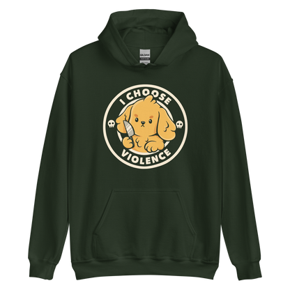 A cute yellow cartoon dog holds a small knife, surrounded by a circular logo that reads 'I Choose Violence'. The dog's expression is serious, yet the overall style is playful and cute. Two small skull icons are on either side, adding an ironic tone to the cheerful design.