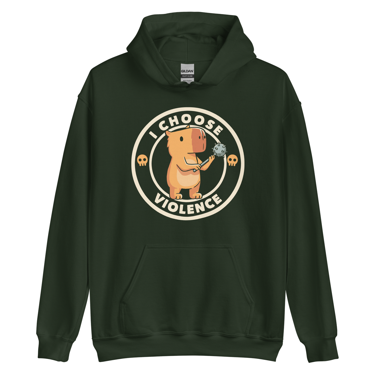 A cute, cartoonish burnt yellow capybara stands holding a spiked mace with a determined expression. Surrounding it is a circular design with the text 'I CHOOSE VIOLENCE' and two small skulls on either side, giving it a humorous yet ironic tone.