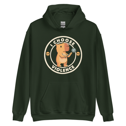 A cute, cartoonish burnt yellow capybara stands holding a spiked mace with a determined expression. Surrounding it is a circular design with the text 'I CHOOSE VIOLENCE' and two small skulls on either side, giving it a humorous yet ironic tone.