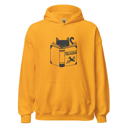 A black and white illustration features a cat peeking over an open book titled 'How to Kill a Mockingbird,' playfully altering the classic novel's title. The cat has a heart-shaped nose and simple, cute facial features. The design is whimsical and ironic, combining classic literature with a humorous twist.