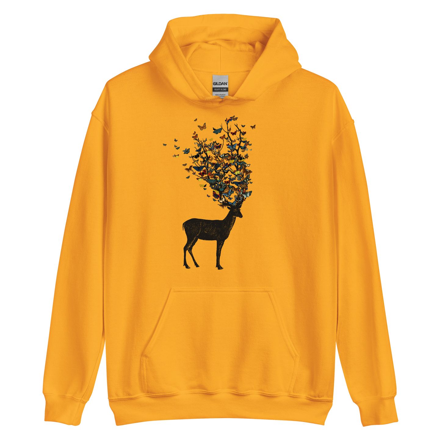 The image depicts a dark, silhouetted deer standing on a neutral background. Instead of branches, its antlers transform into a swirling cloud of vibrant, colorful butterflies that extend upwards and outward. The mix of organic and ethereal elements creates a captivating and whimsical visual contrast.
