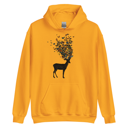 The image depicts a dark, silhouetted deer standing on a neutral background. Instead of branches, its antlers transform into a swirling cloud of vibrant, colorful butterflies that extend upwards and outward. The mix of organic and ethereal elements creates a captivating and whimsical visual contrast.