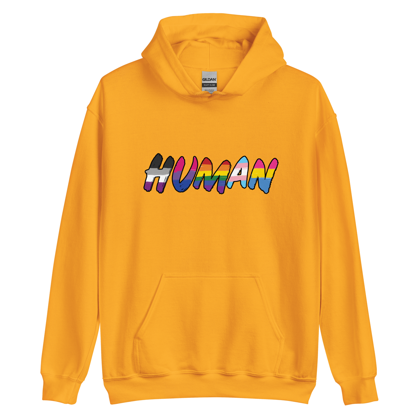 The image displays the word 'HUMAN' in bold, capitalized letters filled with colorful pride flag patterns. The colors within the letters represent different LGBTQ+ pride flags, symbolizing inclusivity and diversity. The background is solid black, which makes the colorful patterns stand out more vibrantly.