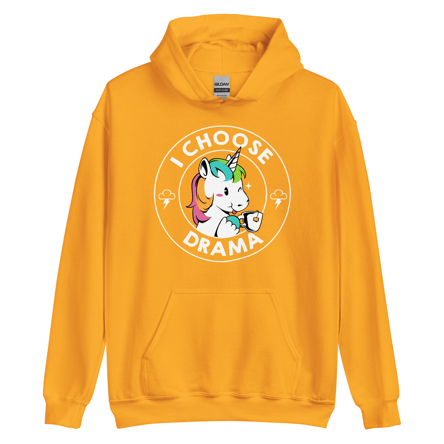 A cartoon unicorn with rainbow-colored mane holds a cup of tea and a heart, encircled by the words 'I Choose Drama'. Two small clouds with lightning bolts flank the unicorn, adding a playful yet slightly edgy vibe. The design is bold and whimsical with a pop-art influence.