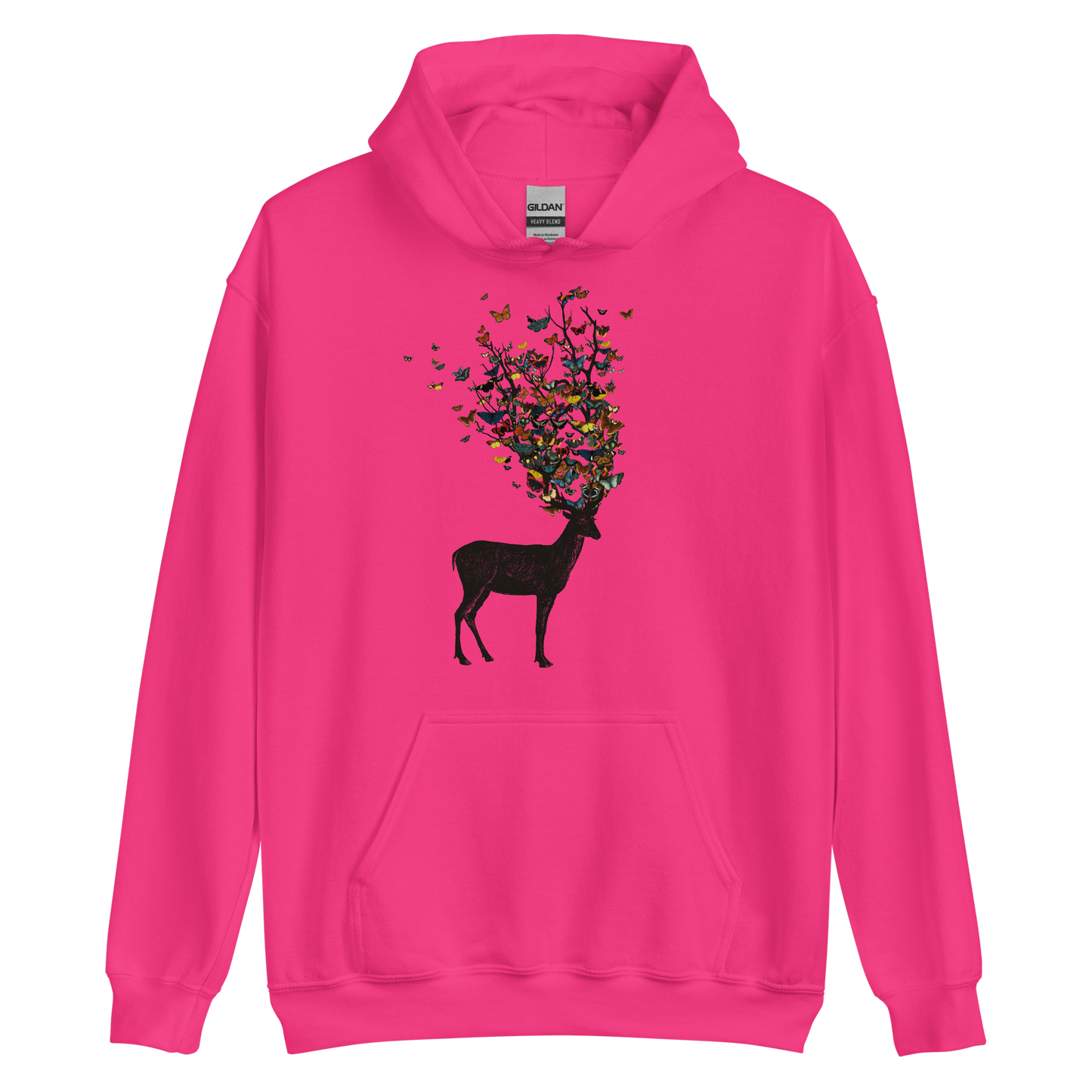 The image depicts a dark, silhouetted deer standing on a neutral background. Instead of branches, its antlers transform into a swirling cloud of vibrant, colorful butterflies that extend upwards and outward. The mix of organic and ethereal elements creates a captivating and whimsical visual contrast.