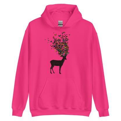 The image depicts a dark, silhouetted deer standing on a neutral background. Instead of branches, its antlers transform into a swirling cloud of vibrant, colorful butterflies that extend upwards and outward. The mix of organic and ethereal elements creates a captivating and whimsical visual contrast.
