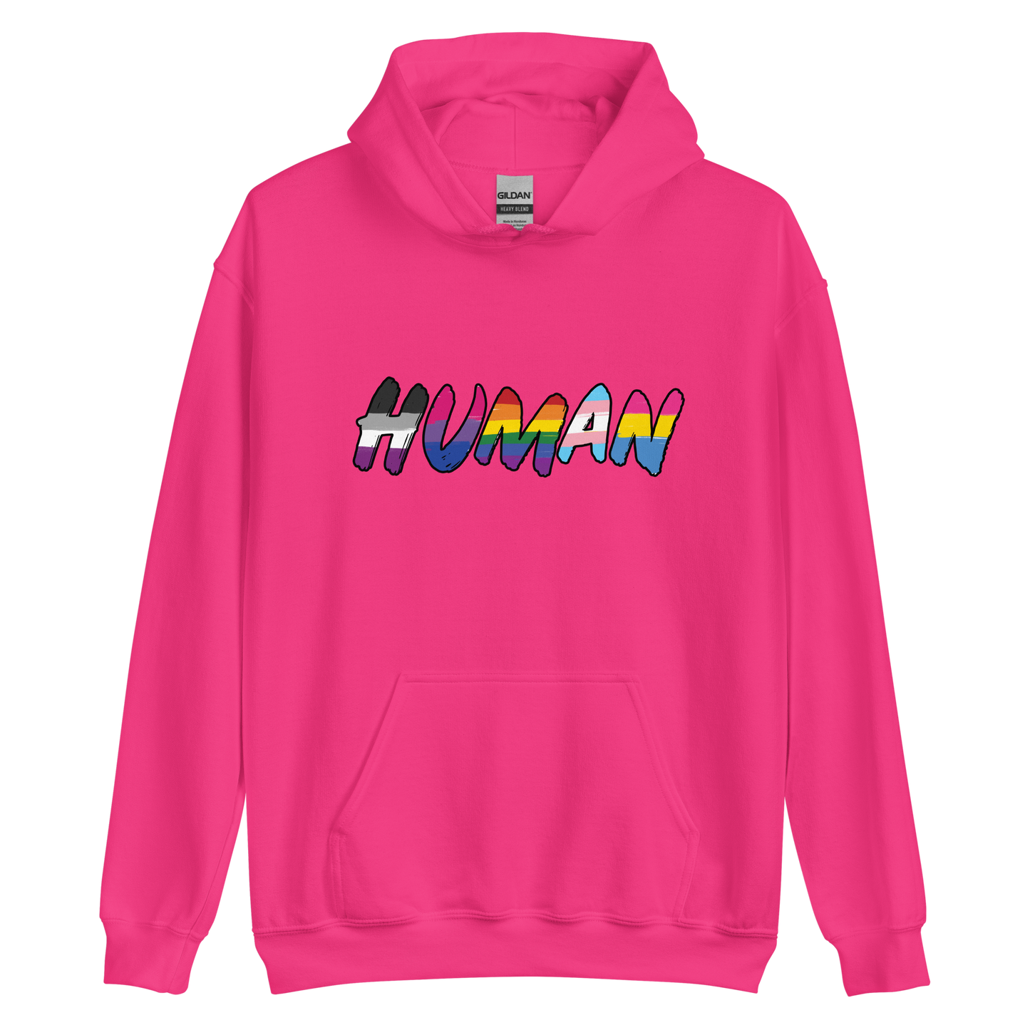 The image displays the word 'HUMAN' in bold, capitalized letters filled with colorful pride flag patterns. The colors within the letters represent different LGBTQ+ pride flags, symbolizing inclusivity and diversity. The background is solid black, which makes the colorful patterns stand out more vibrantly.