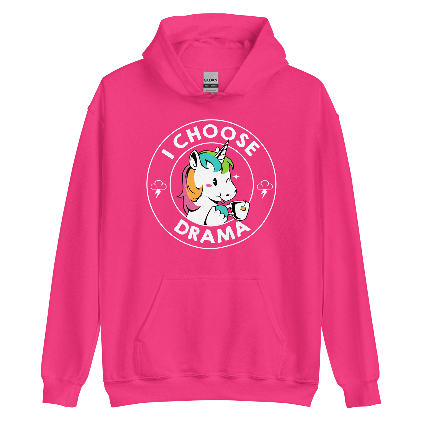 A cartoon unicorn with rainbow-colored mane holds a cup of tea and a heart, encircled by the words 'I Choose Drama'. Two small clouds with lightning bolts flank the unicorn, adding a playful yet slightly edgy vibe. The design is bold and whimsical with a pop-art influence.