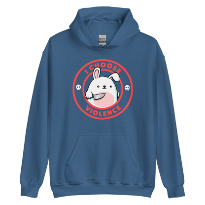 A cute white cartoon bunny with a pink belly stands holding a large kitchen knife in one paw. Surrounding the bunny is a red circular border with the words 'I CHOOSE VIOLENCE'. Small skull icons are on either side of the circle. The overall tone is a mix of adorable and ironic humor.