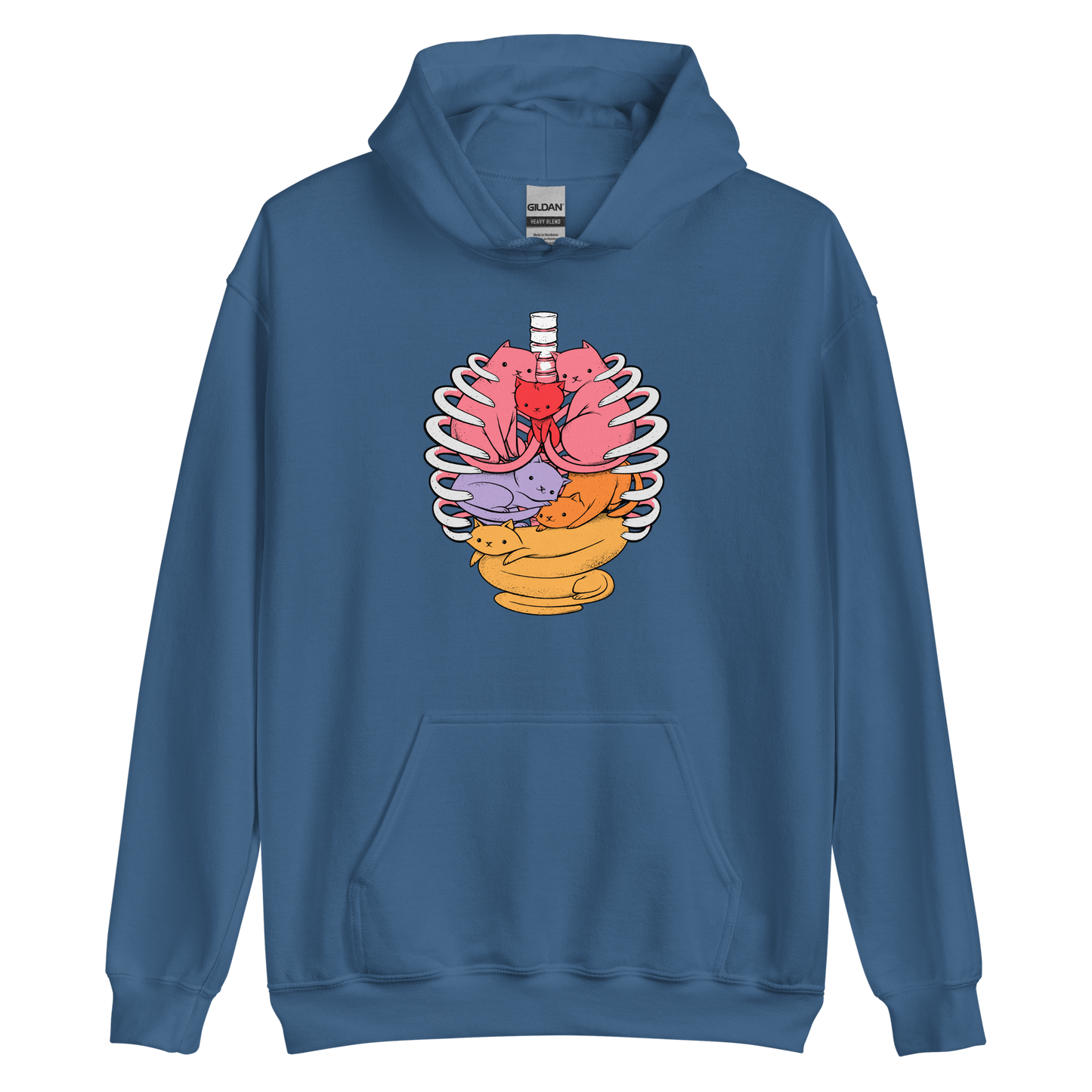 The image features a unique and colorful illustration of six whimsical cats nestled within and around a human ribcage. Each cat is a different bright color, ranging from pink and purple to orange and yellow, creating a visually appealing and vibrant composition. The use of contrasting colors and playful subject matter gives it a charming and eye-catching style.