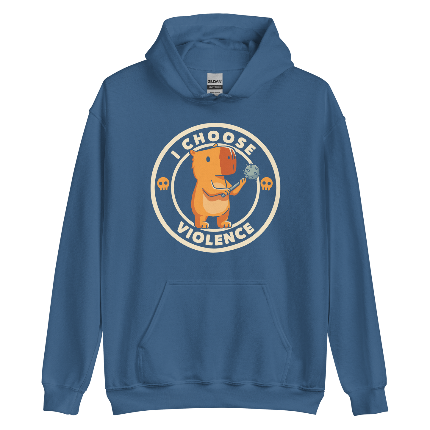 A cute, cartoonish burnt yellow capybara stands holding a spiked mace with a determined expression. Surrounding it is a circular design with the text 'I CHOOSE VIOLENCE' and two small skulls on either side, giving it a humorous yet ironic tone.