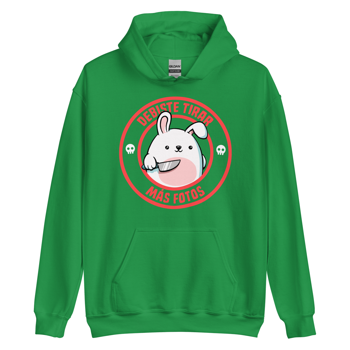 A cute white cartoon bunny with a pink belly stands holding a large kitchen knife in one paw. Surrounding the bunny is a red circular border with the words 'DEBISTE TIRAR MÁS FOTOS'. Small skull icons are on either side of the circle. The overall tone is a mix of adorable and ironic humor.