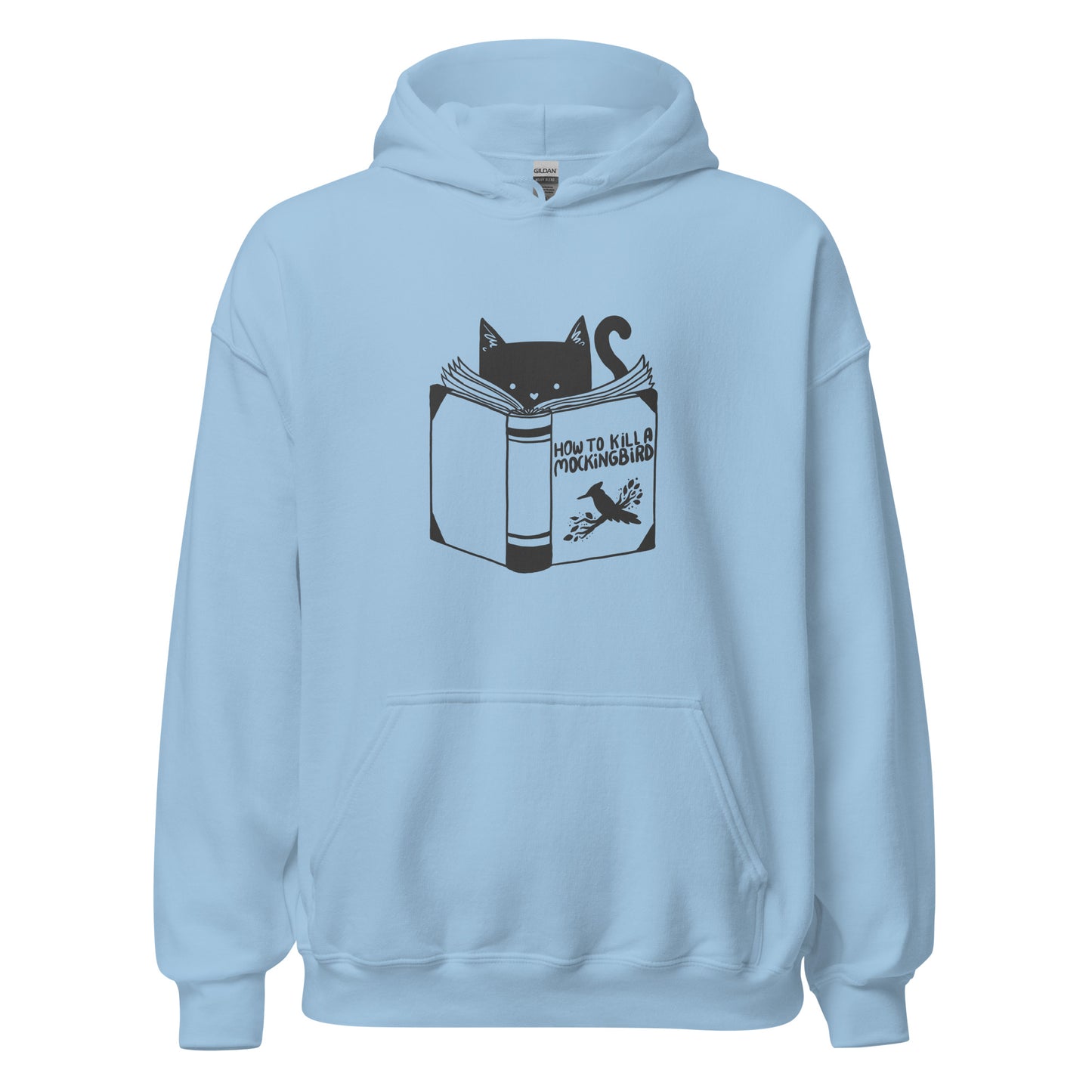 A black and white illustration features a cat peeking over an open book titled 'How to Kill a Mockingbird,' playfully altering the classic novel's title. The cat has a heart-shaped nose and simple, cute facial features. The design is whimsical and ironic, combining classic literature with a humorous twist.