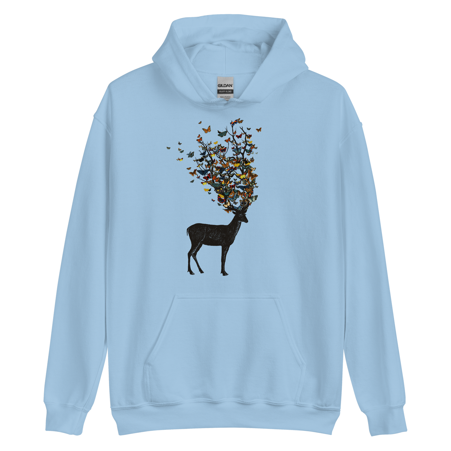 The image depicts a dark, silhouetted deer standing on a neutral background. Instead of branches, its antlers transform into a swirling cloud of vibrant, colorful butterflies that extend upwards and outward. The mix of organic and ethereal elements creates a captivating and whimsical visual contrast.