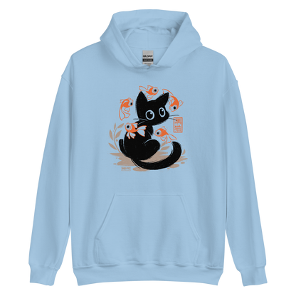 This unique design features a charming black cat amidst playful koi, rendered in beautiful Sumi-e ink style. A perfect blend of Japanese art and anime whimsy for any cat lover.