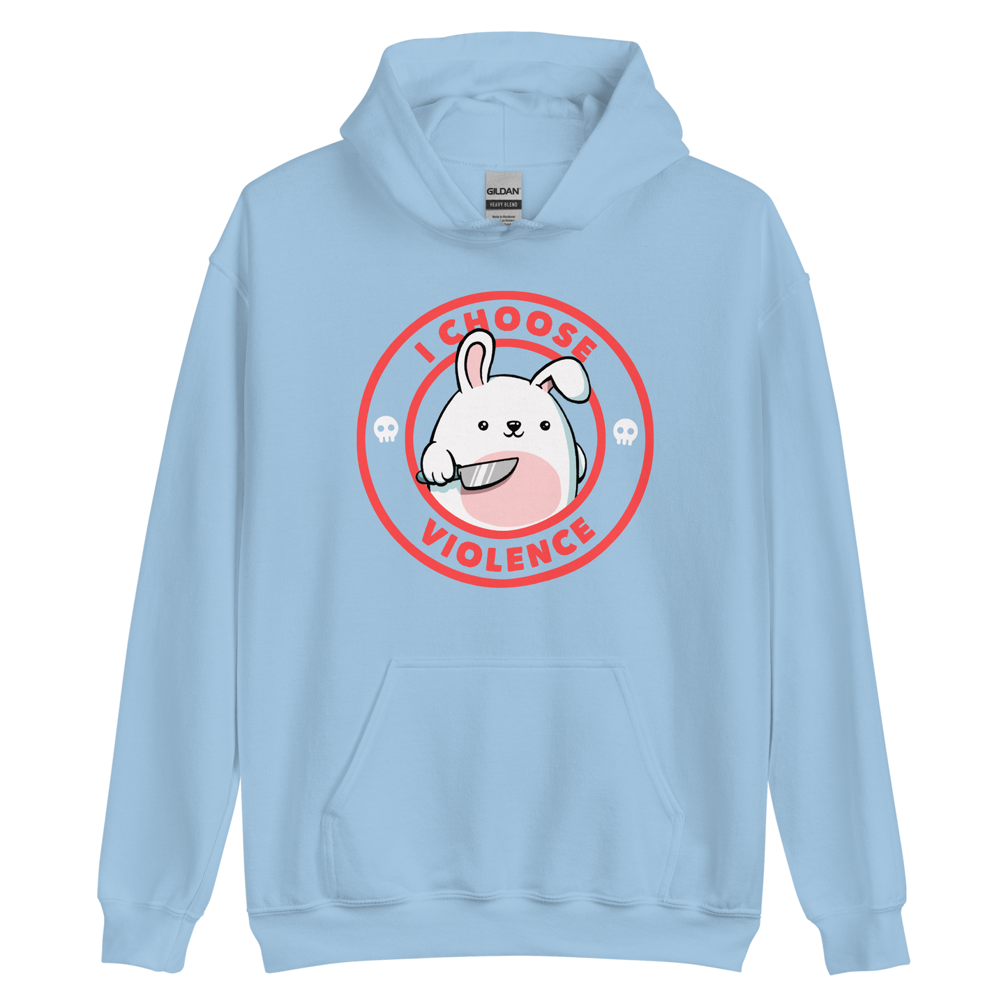 A cute white cartoon bunny with a pink belly stands holding a large kitchen knife in one paw. Surrounding the bunny is a red circular border with the words 'I CHOOSE VIOLENCE'. Small skull icons are on either side of the circle. The overall tone is a mix of adorable and ironic humor.