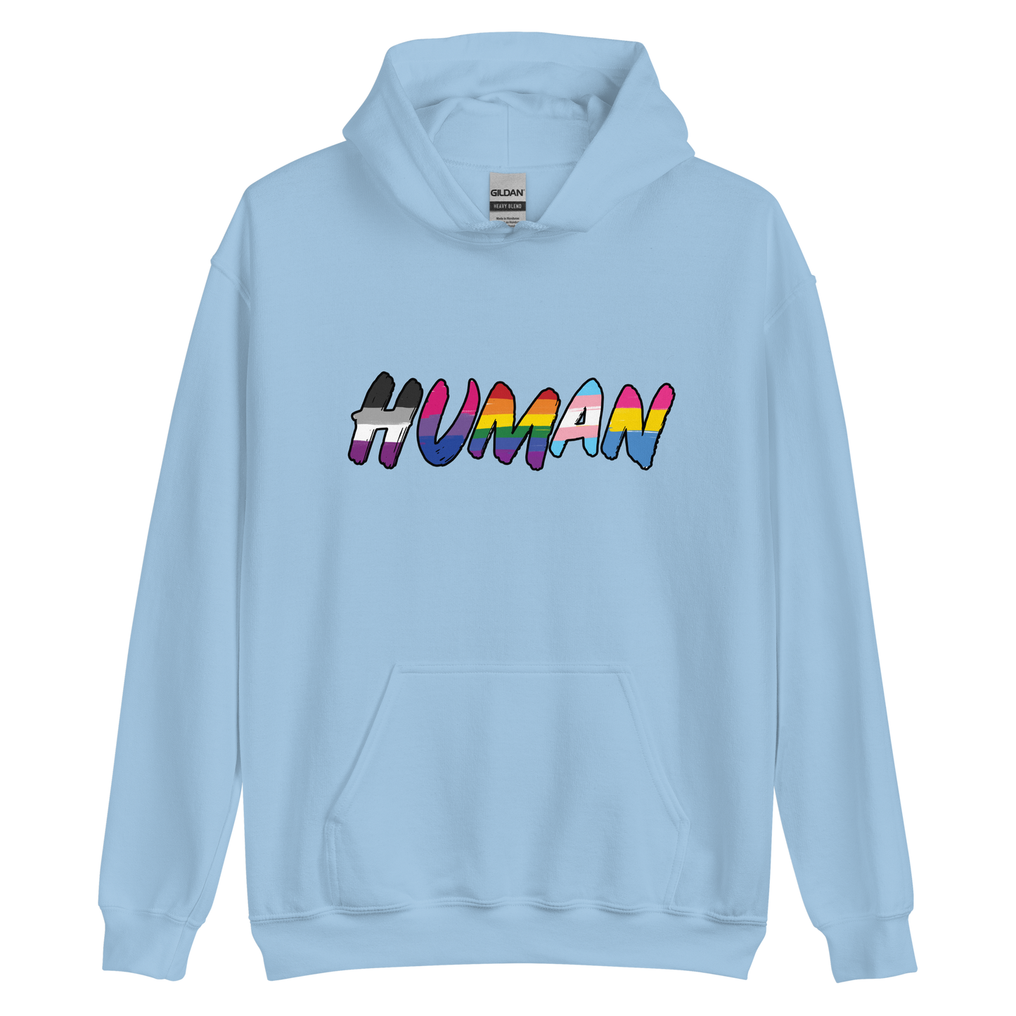 The image displays the word 'HUMAN' in bold, capitalized letters filled with colorful pride flag patterns. The colors within the letters represent different LGBTQ+ pride flags, symbolizing inclusivity and diversity. The background is solid black, which makes the colorful patterns stand out more vibrantly.