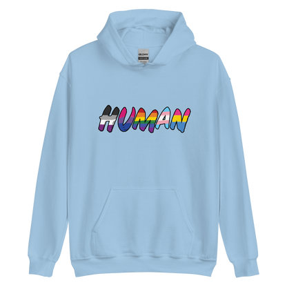 The image displays the word 'HUMAN' in bold, capitalized letters filled with colorful pride flag patterns. The colors within the letters represent different LGBTQ+ pride flags, symbolizing inclusivity and diversity. The background is solid black, which makes the colorful patterns stand out more vibrantly.