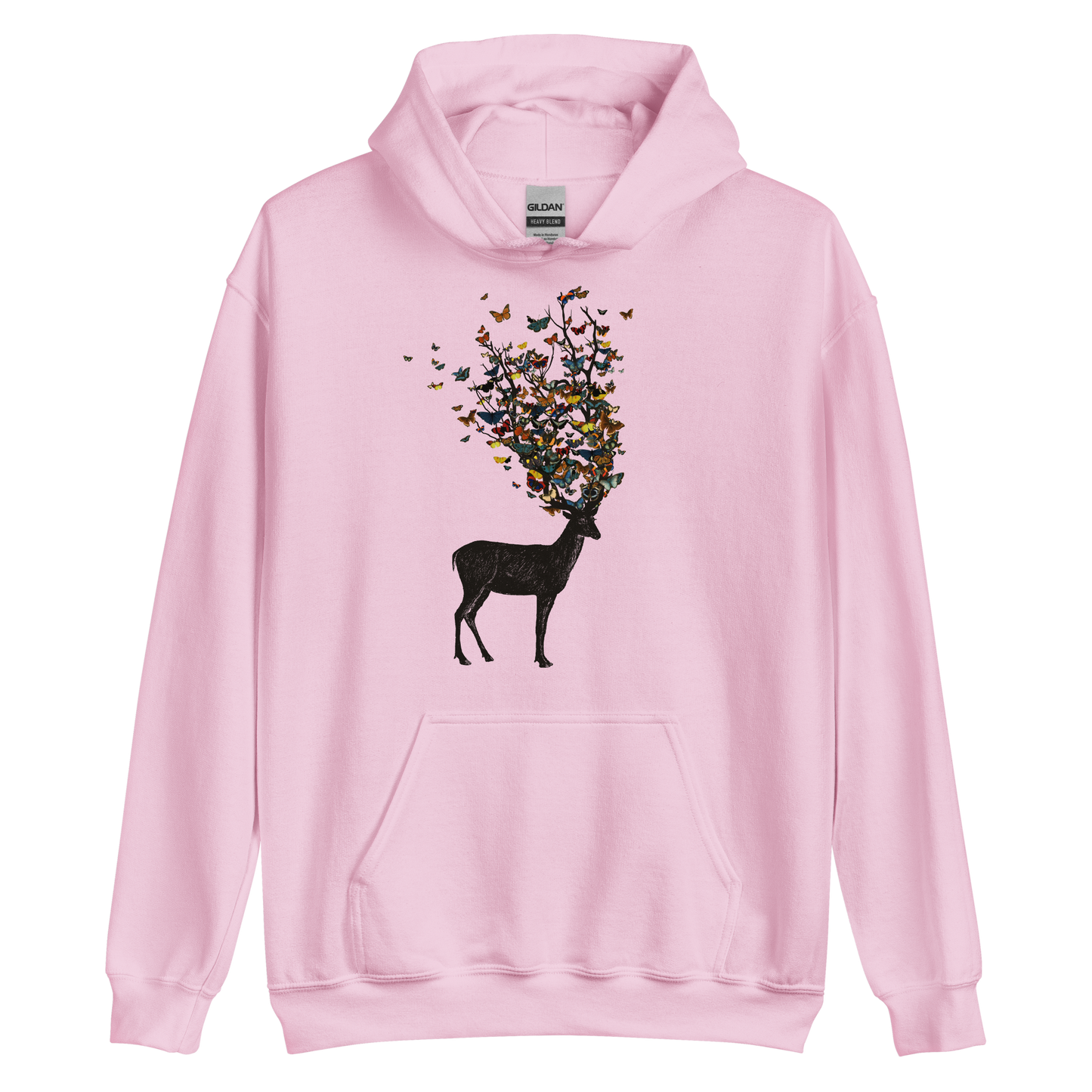 The image depicts a dark, silhouetted deer standing on a neutral background. Instead of branches, its antlers transform into a swirling cloud of vibrant, colorful butterflies that extend upwards and outward. The mix of organic and ethereal elements creates a captivating and whimsical visual contrast.