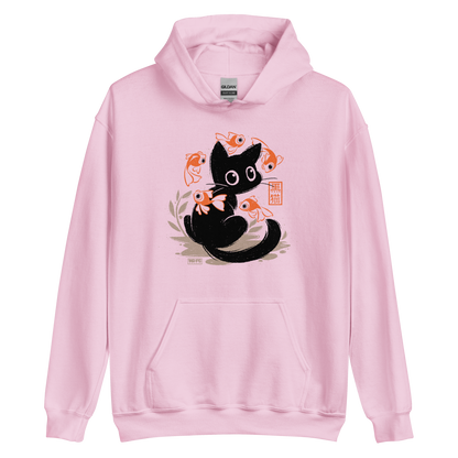 This unique design features a charming black cat amidst playful koi, rendered in beautiful Sumi-e ink style. A perfect blend of Japanese art and anime whimsy for any cat lover.