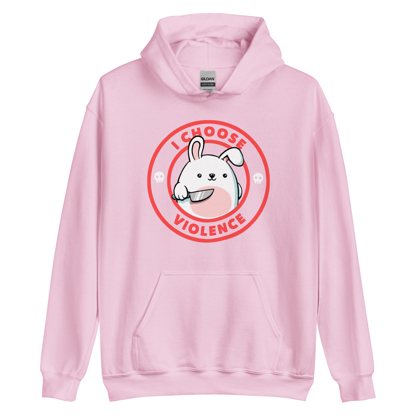 A cute white cartoon bunny with a pink belly stands holding a large kitchen knife in one paw. Surrounding the bunny is a red circular border with the words 'I CHOOSE VIOLENCE'. Small skull icons are on either side of the circle. The overall tone is a mix of adorable and ironic humor.