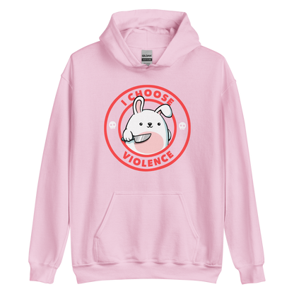 A cute white cartoon bunny with a pink belly stands holding a large kitchen knife in one paw. Surrounding the bunny is a red circular border with the words 'I CHOOSE VIOLENCE'. Small skull icons are on either side of the circle. The overall tone is a mix of adorable and ironic humor.