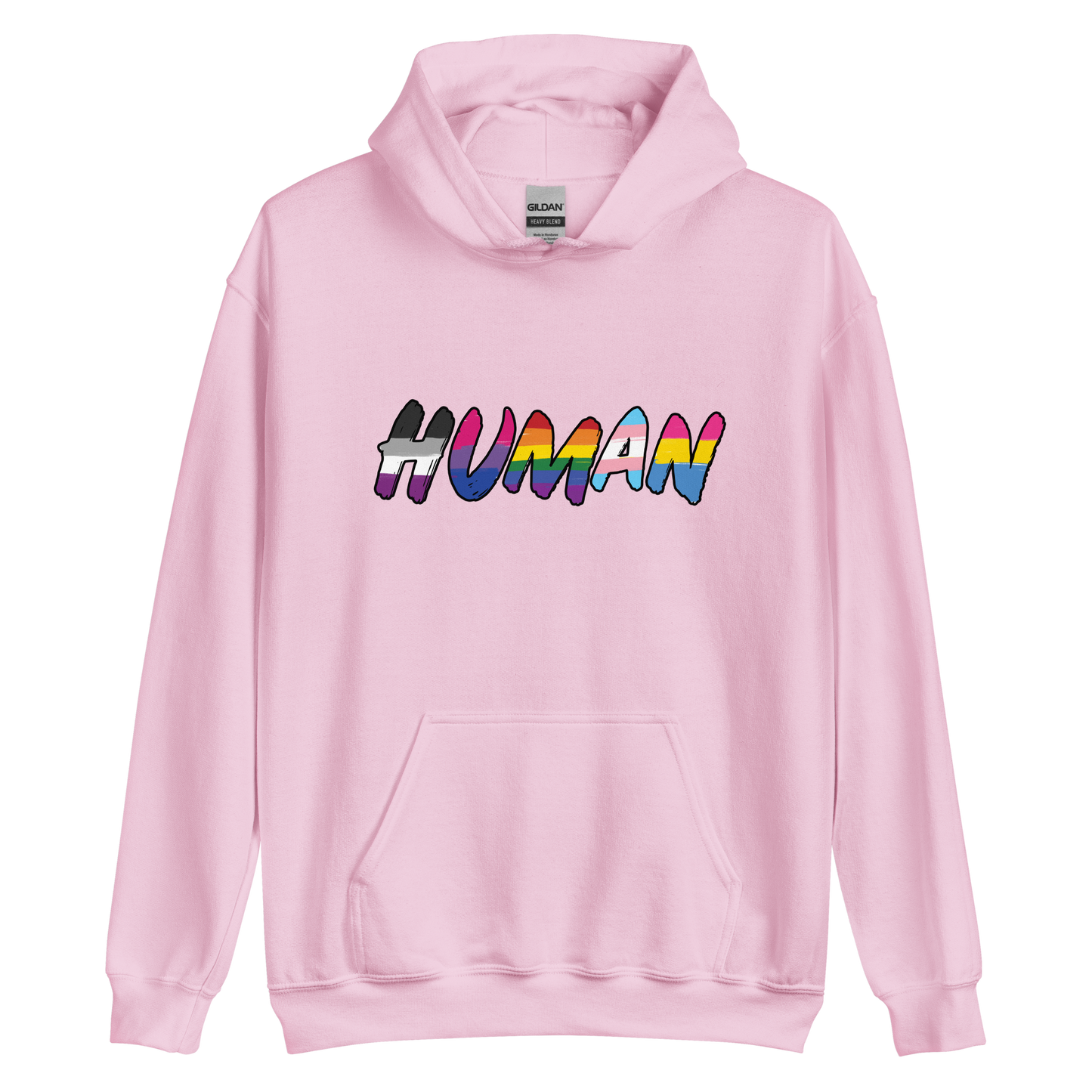 The image displays the word 'HUMAN' in bold, capitalized letters filled with colorful pride flag patterns. The colors within the letters represent different LGBTQ+ pride flags, symbolizing inclusivity and diversity. The background is solid black, which makes the colorful patterns stand out more vibrantly.