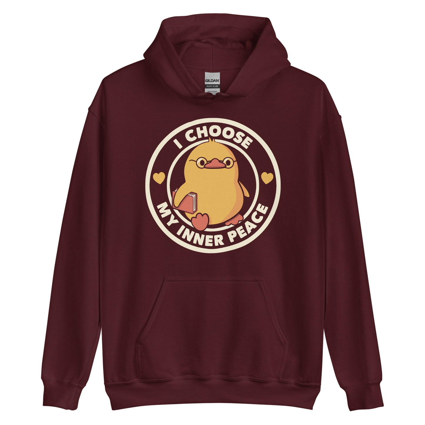 A cute yellow bird with a small tuft of feathers on its head is wearing round glasses and holding a red book. The bird has a determined expression. The image is encircled by the phrase 'I CHOOSE MY INNER PEACE' with two small hearts on each side.