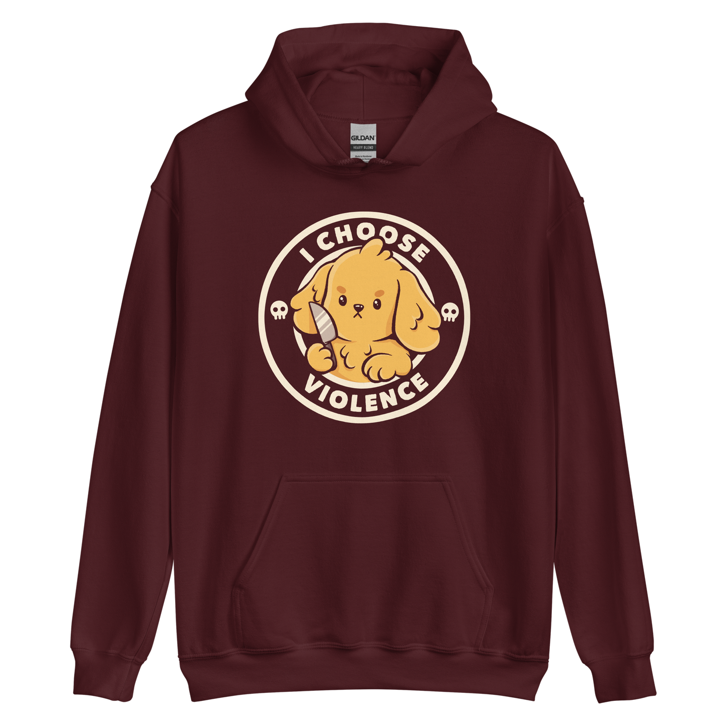 A cute yellow cartoon dog holds a small knife, surrounded by a circular logo that reads 'I Choose Violence'. The dog's expression is serious, yet the overall style is playful and cute. Two small skull icons are on either side, adding an ironic tone to the cheerful design.