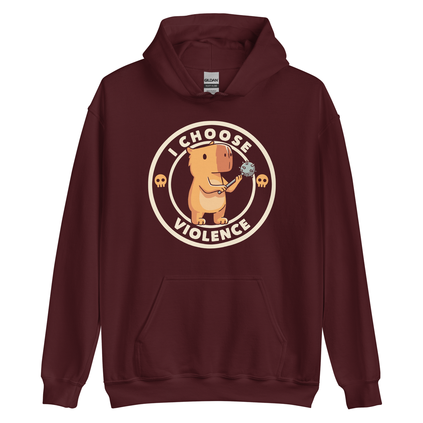 A cute, cartoonish burnt yellow capybara stands holding a spiked mace with a determined expression. Surrounding it is a circular design with the text 'I CHOOSE VIOLENCE' and two small skulls on either side, giving it a humorous yet ironic tone.