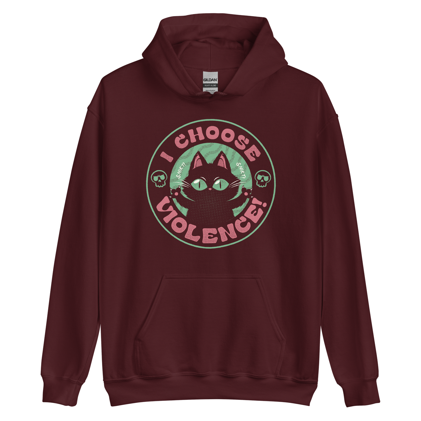 The image features a black cartoon-like cat with large, bright eyes and pointed ears, with a defiant look on its face. The cat is centered within a circular border. Surrounding the cat, the text reads 'I CHOOSE VIOLENCE!' in bold, playful font. There are also small skull illustrations flanking the cat on either side, adding a dark yet humorous tone to the design.