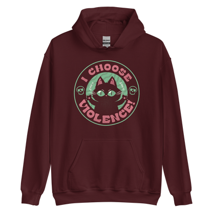 The image features a black cartoon-like cat with large, bright eyes and pointed ears, with a defiant look on its face. The cat is centered within a circular border. Surrounding the cat, the text reads 'I CHOOSE VIOLENCE!' in bold, playful font. There are also small skull illustrations flanking the cat on either side, adding a dark yet humorous tone to the design.