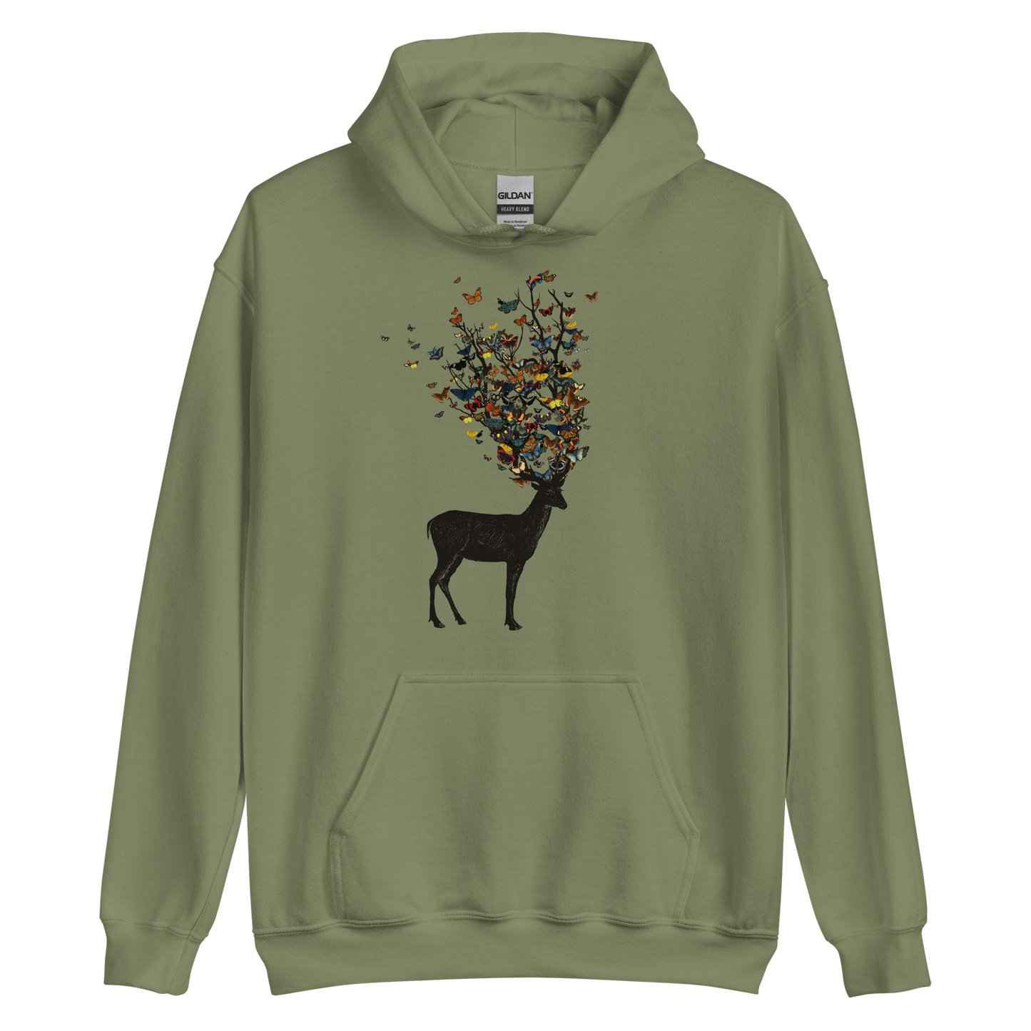 The image depicts a dark, silhouetted deer standing on a neutral background. Instead of branches, its antlers transform into a swirling cloud of vibrant, colorful butterflies that extend upwards and outward. The mix of organic and ethereal elements creates a captivating and whimsical visual contrast.