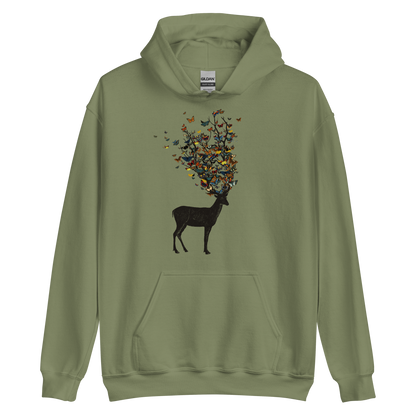 The image depicts a dark, silhouetted deer standing on a neutral background. Instead of branches, its antlers transform into a swirling cloud of vibrant, colorful butterflies that extend upwards and outward. The mix of organic and ethereal elements creates a captivating and whimsical visual contrast.