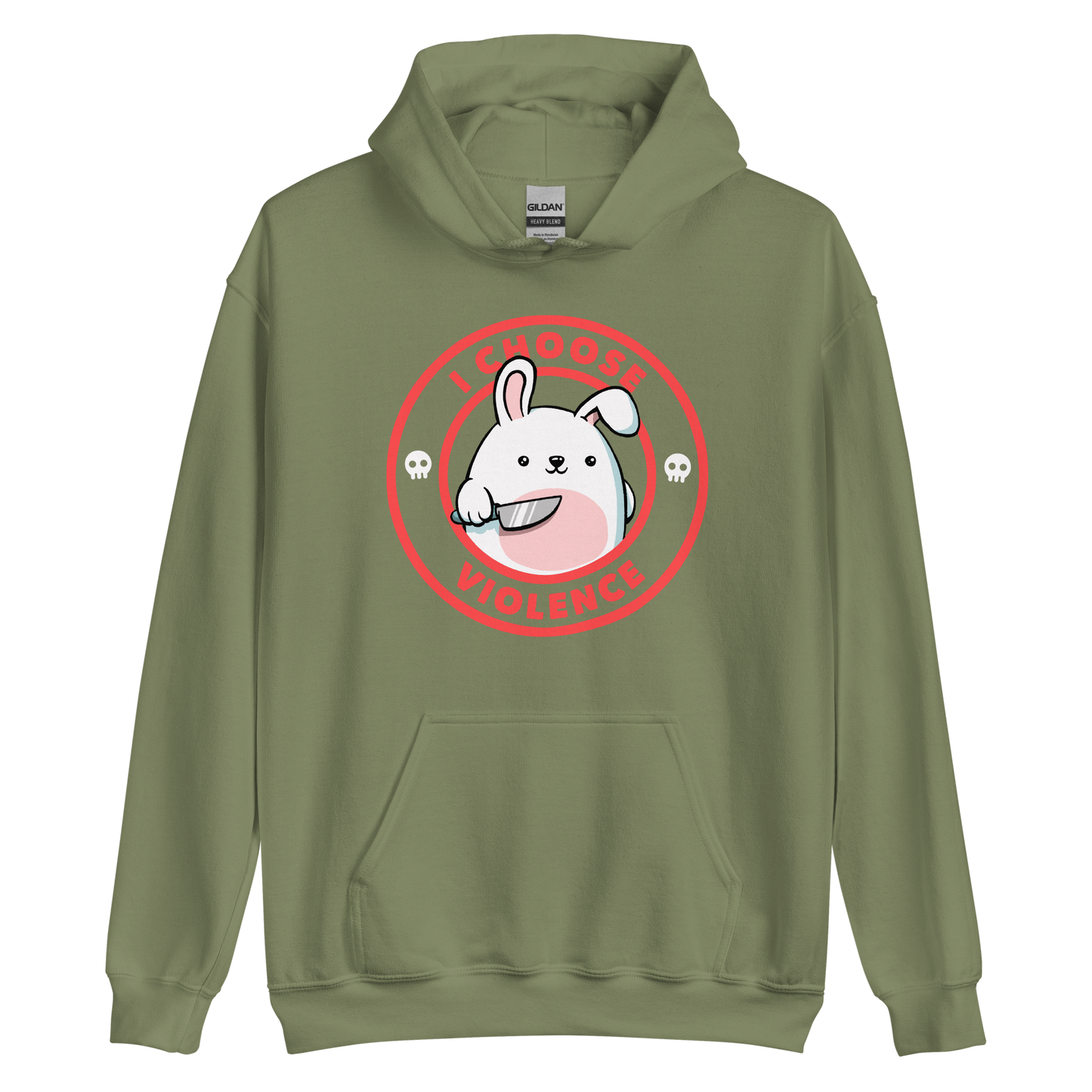 A cute white cartoon bunny with a pink belly stands holding a large kitchen knife in one paw. Surrounding the bunny is a red circular border with the words 'I CHOOSE VIOLENCE'. Small skull icons are on either side of the circle. The overall tone is a mix of adorable and ironic humor.