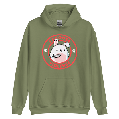 A cute white cartoon bunny with a pink belly stands holding a large kitchen knife in one paw. Surrounding the bunny is a red circular border with the words 'I CHOOSE VIOLENCE'. Small skull icons are on either side of the circle. The overall tone is a mix of adorable and ironic humor.