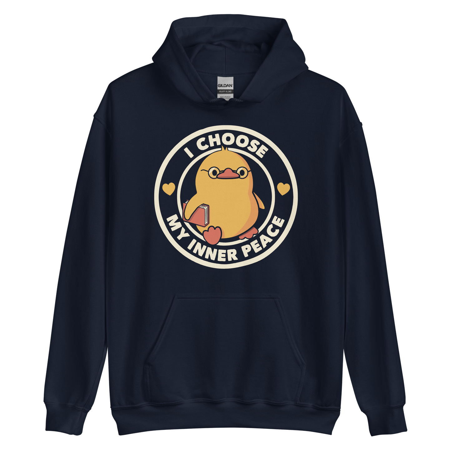 A cute yellow bird with a small tuft of feathers on its head is wearing round glasses and holding a red book. The bird has a determined expression. The image is encircled by the phrase 'I CHOOSE MY INNER PEACE' with two small hearts on each side.