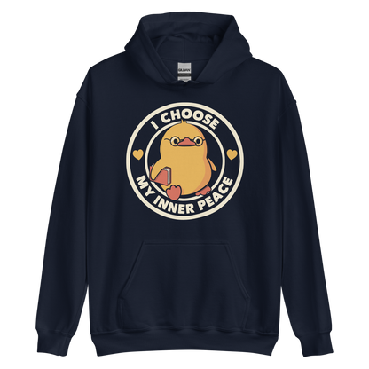 A cute yellow bird with a small tuft of feathers on its head is wearing round glasses and holding a red book. The bird has a determined expression. The image is encircled by the phrase 'I CHOOSE MY INNER PEACE' with two small hearts on each side.